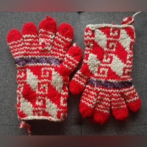 Hand-knit Wool Gloves with red, beige, and purple design